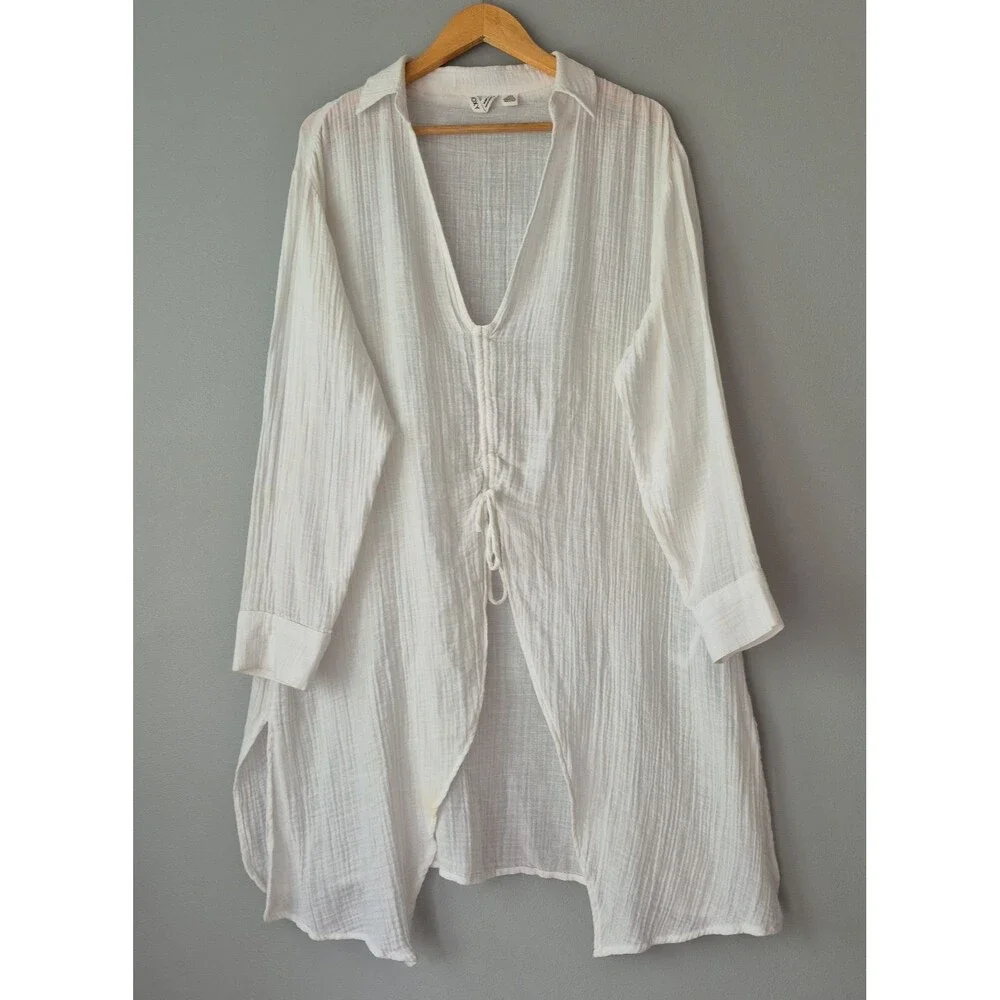 Roxy White 100% Cotton Long Sleeve V Neck Ruched Slit Beach Cover Up Womens LRG